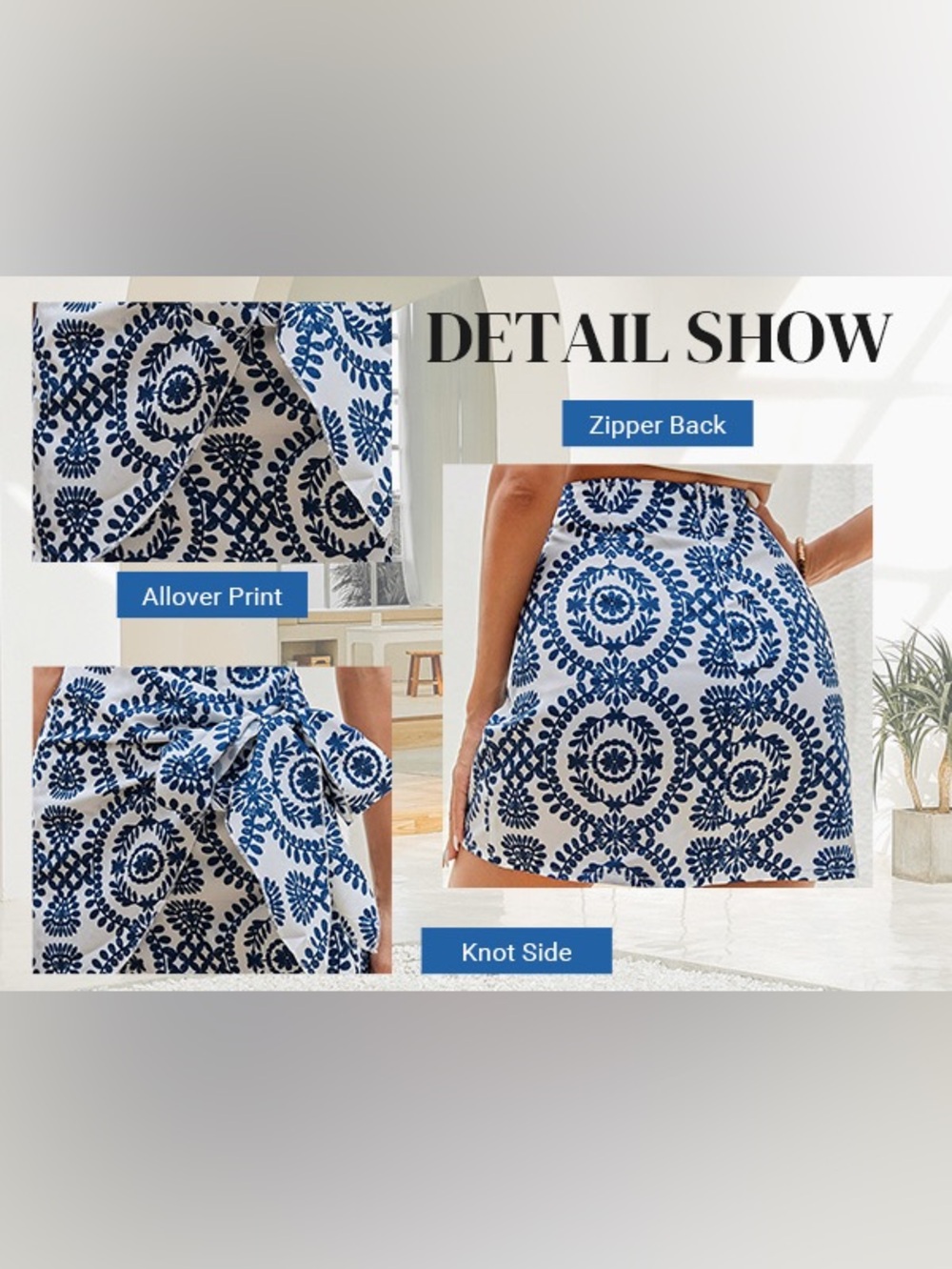 Blue and White Boho Print Knot Side Mini Skirt Size L - Picture 2 of 8